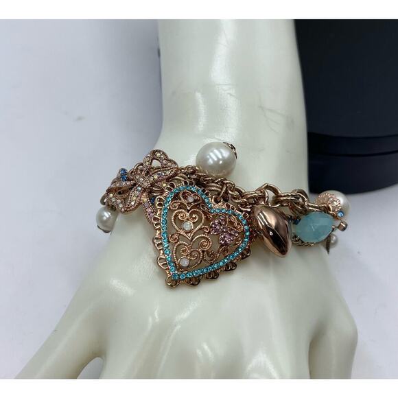 Betsey Johnson Rose Gold Tone Rhinestone  Faux Pearl Blue Beads Stretch Bracelet - Picture 4 of 11